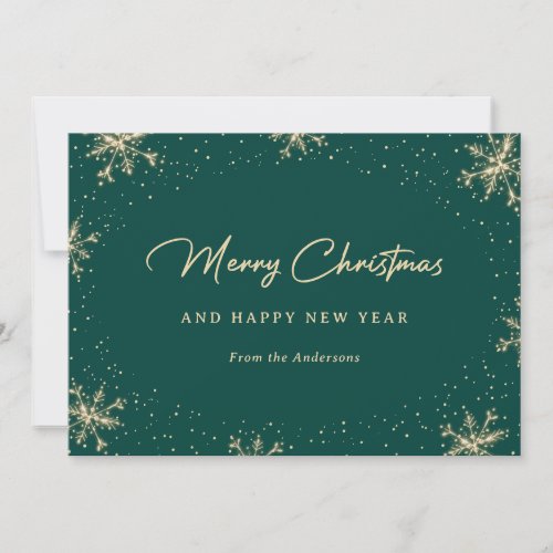 Sparkly Snowflakes Green and Gold Holiday Card