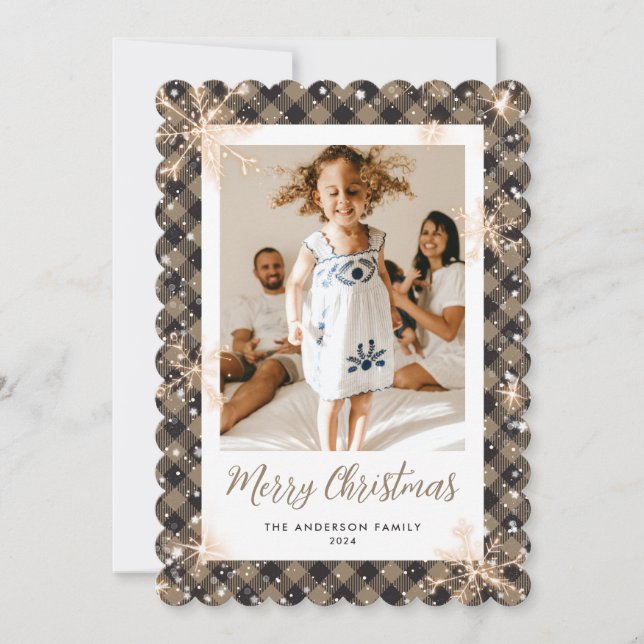 Sparkly Snowflakes Plaid Photo Merry Christmas Holiday Card (Front)