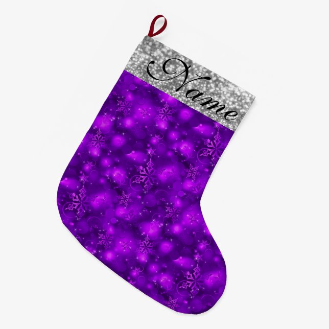 Sparkly Snowflakes, Purple & Silver Glitter - Large Christmas Stocking (Front (Hanging))