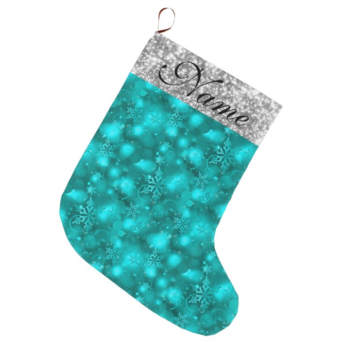 Sparkly Snowflakes, Teal & Silver Glitter - Large Christmas Stocking ...