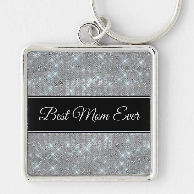 Sparkly Star Silver Black Best Mom Keychain (Front)