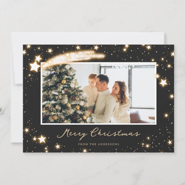 Sparkly Stars Black Photo Christmas Cards (Front)