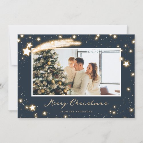 Sparkly Stars Blue Photo Christmas Cards