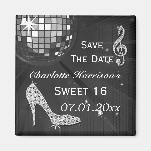 Sparkly Stiletto Heel Sweet 16 Save The Date Magnet (Front)