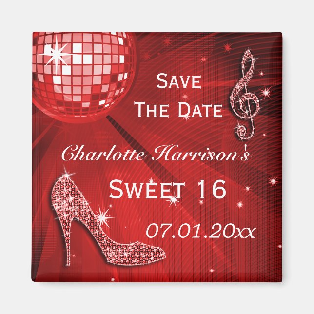 Sparkly Stiletto Heel Sweet 16 Save The Date Magnet (Front)
