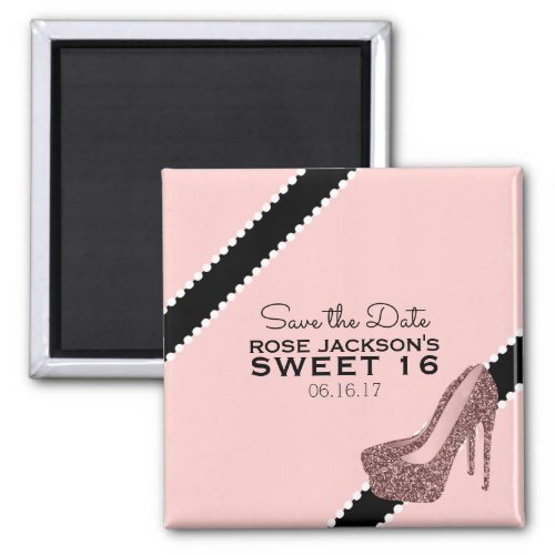 Sparkly Stiletto Heel Sweet 16 Save the Date Pink Magnet