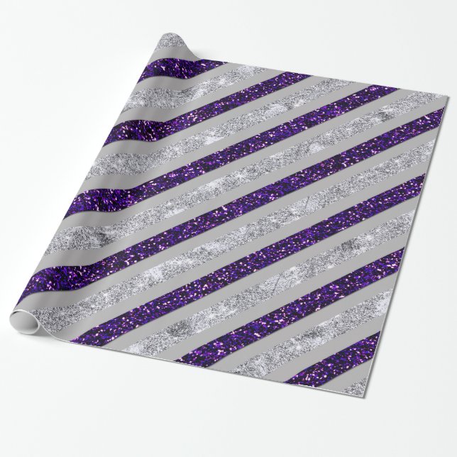 Sparkly Stripes - Deep Purpl & Silver Faux Gltr Wrapping Paper (Unrolled)