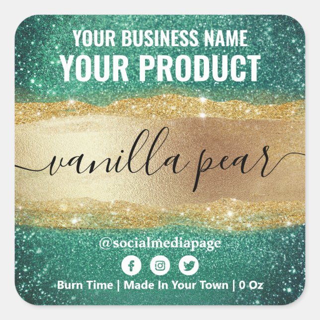 Sparkly Teal And Gold Scented Candle Labels (Front)