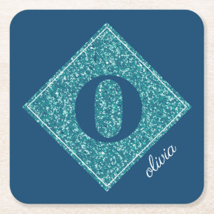 Sparkly Teal Blue Glitter Personalized Coaster
