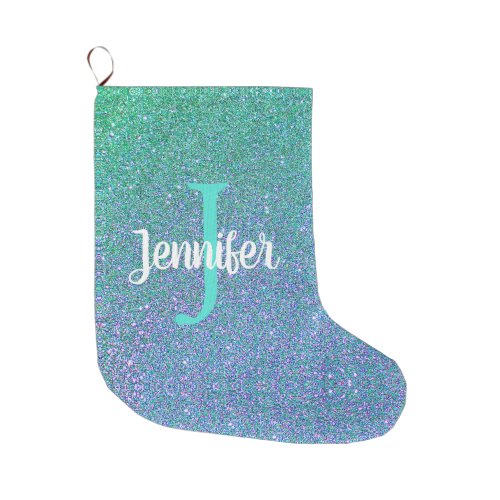 Sparkly Teal Blue Ombre Glitter Monogram Name Large Christmas Stocking