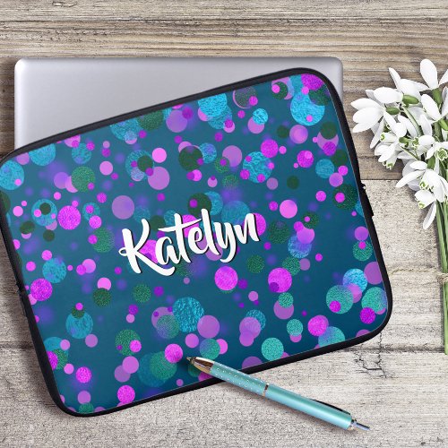 Sparkly teal blue purple confetti dots custom name laptop sleeve