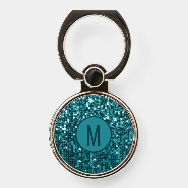 Sparkly Teal Blue  Sequin Glitter Monogrammed Phone Ring Stand (Front)