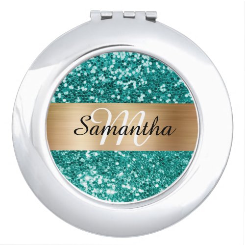 Sparkly Teal Glitter Gold Shimmer Foil Monogram Compact Mirror