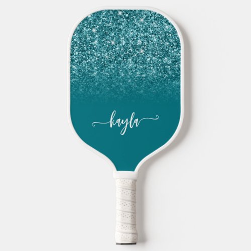 Sparkly Teal Glitter Ombre Modern Script Pickleball Paddle