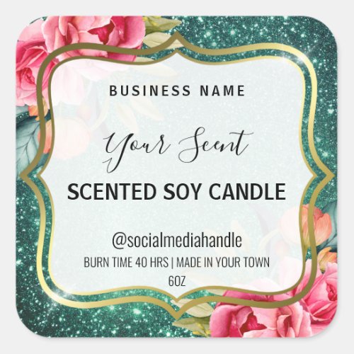 Sparkly Teal Glitter Rose Scented Soy Candle Label