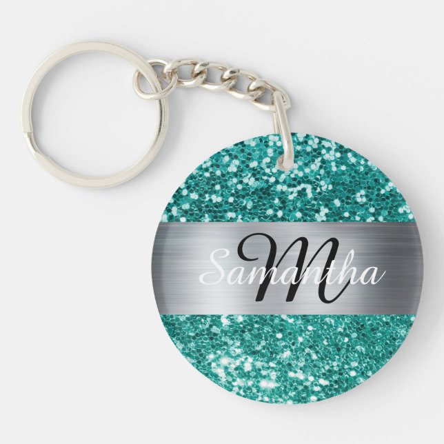 Sparkly Teal Glitter Silver Foil Monogram Keychain (Front)
