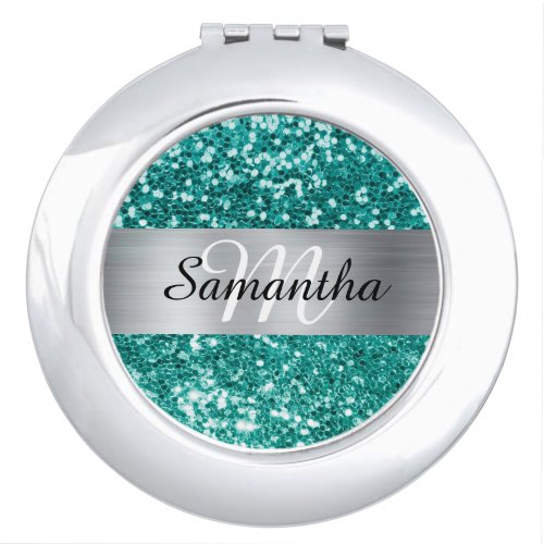Sparkly Teal Glitter Silver Shimmer Foil Monogram Compact Mirror