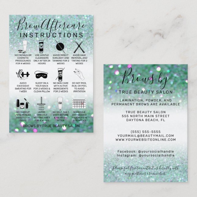Sparkly Teal Green Glitter Brows Aftercare Icon Business Card (Front/Back)