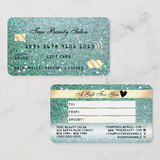 Sparkly Teal Green Gold Glitter Credit Gift Card (Front/Back)