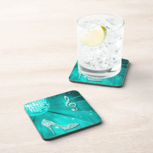 Sparkly Teal Music Note & Stiletto Heel Beverage Coaster