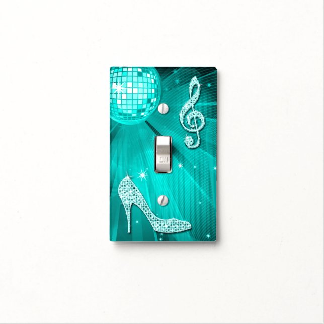Sparkly Teal Music Note & Stiletto Heel Light Switch Cover (In Situ)