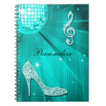 Sparkly Teal Music Note &amp; Stiletto Heel Notebook at Zazzle