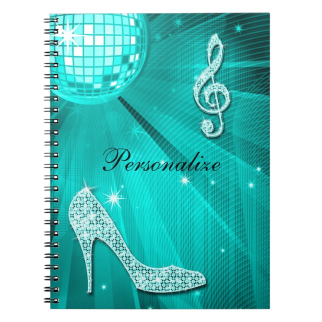 Sparkly Teal Music Note & Stiletto Heel Notebook (Front)