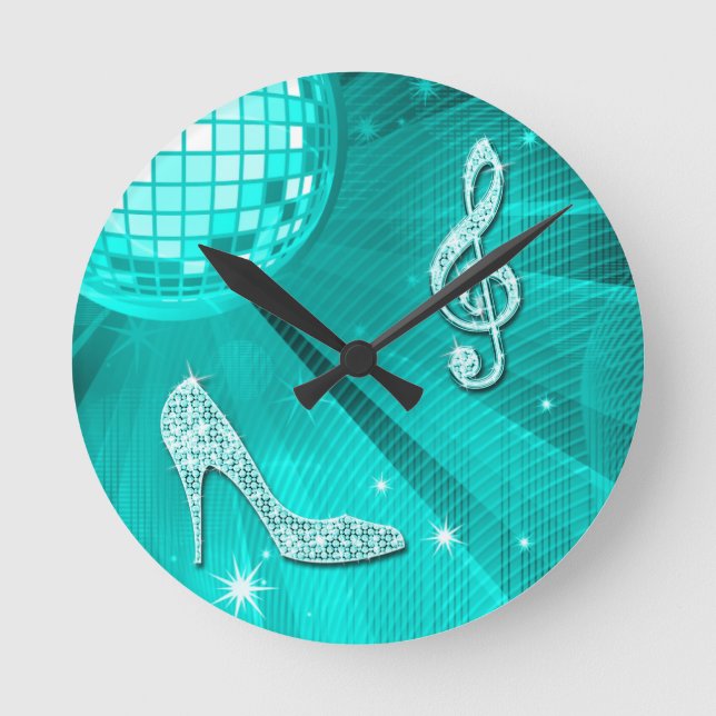 Sparkly Teal Music Note & Stiletto Heel Round Clock (Front)