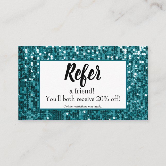 Sparkly Teal Sequin|Glitter Custom Referral Card (Front)