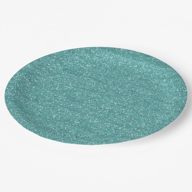 Sparkly Teal & Silver Glitter Paper Plates (Angled)