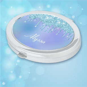 Sparkly Turquoise Paint Drips Compact Mirror