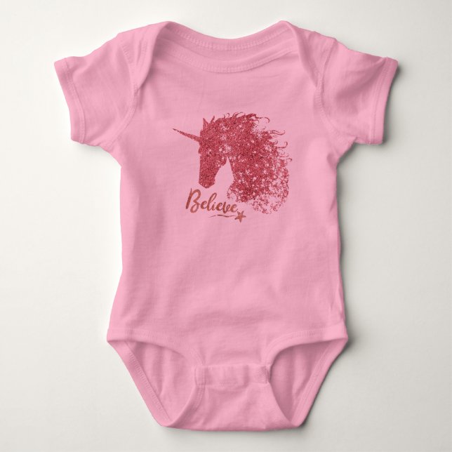 Sparkly Unicorn-Believe (Rose Gold) Baby Bodysuit (Front)