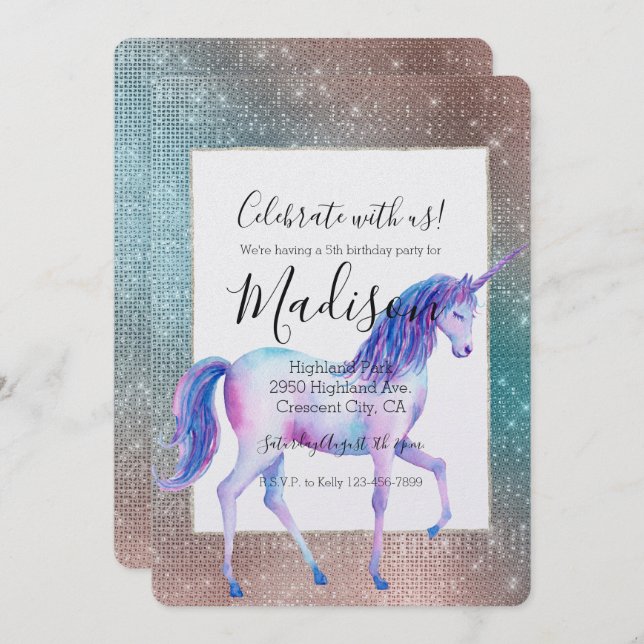 Sparkly Unicorn Birthday Invitation (Front/Back)