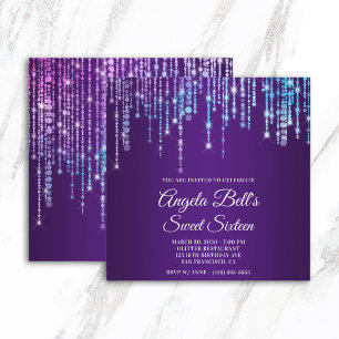 Sparkly Unicorn Lights Royal Purple Sweet Sixteen Invitation