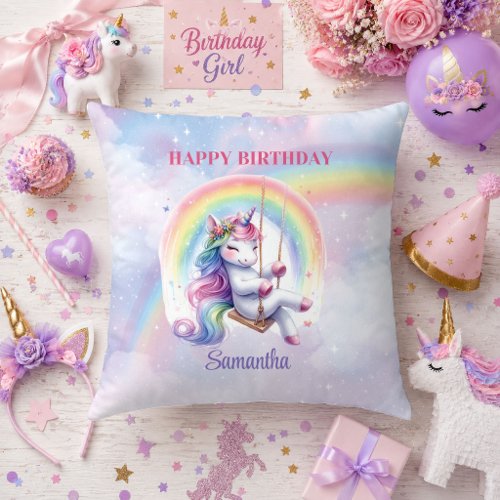 Sparkly Unicorn Pastel Colors Girl Birthday Pillow