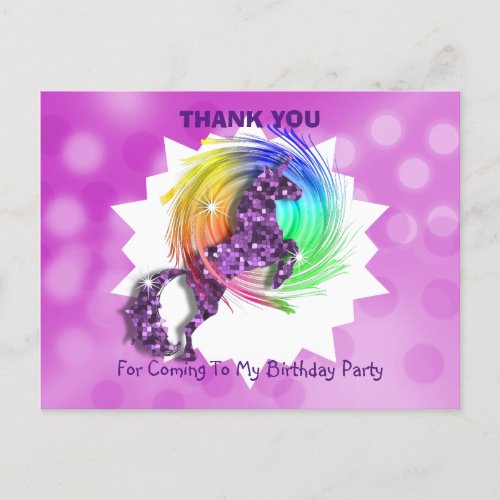 Sparkly Unicorn Themed Kids Thank You Postcard