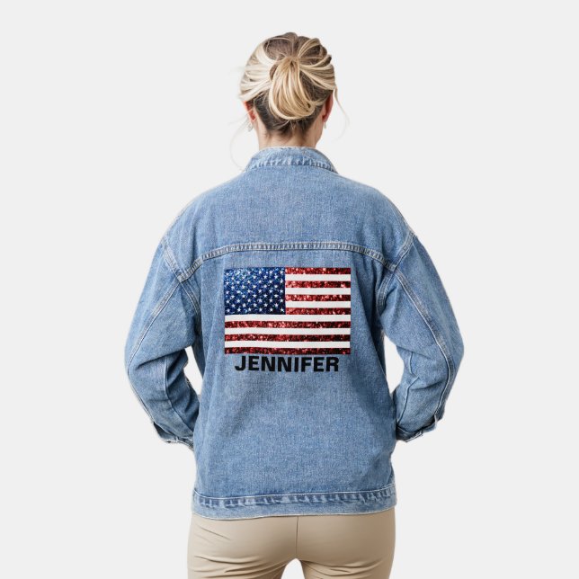 Sparkly USA flag faux sparkle Your Custom name Denim Jacket (Model)