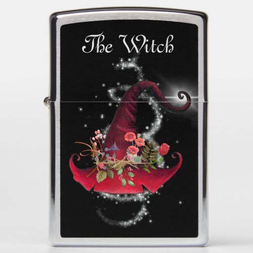 Sparkly Vintage Witches Red Hat Floral Black Zippo Lighter