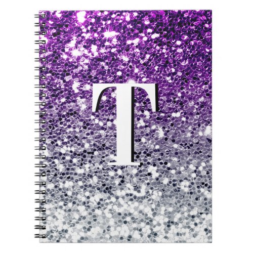 Sparkly Violet Silver Chunky Glitter Monogram Notebook