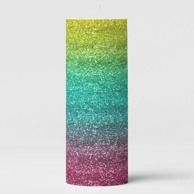 Sparkly Yellow, Blue & Pink Gradient Glitter Pillar Candle (Front)
