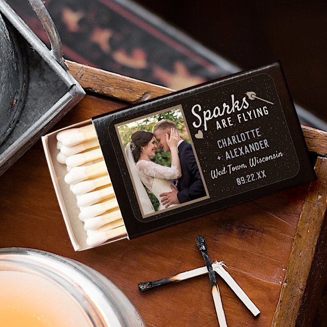 Sparks Flying Wedding Photo Gray Black Brown Favor Matchboxes (Creator Uploaded)