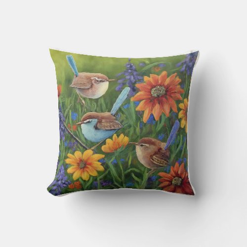 sparrow and flower throw pillow