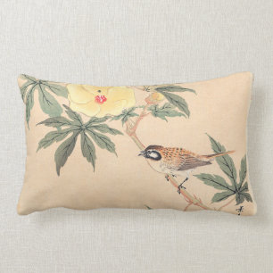 Sparrow and Hibiscus Keibun Matsumoto bird flowers Lumbar Pillow