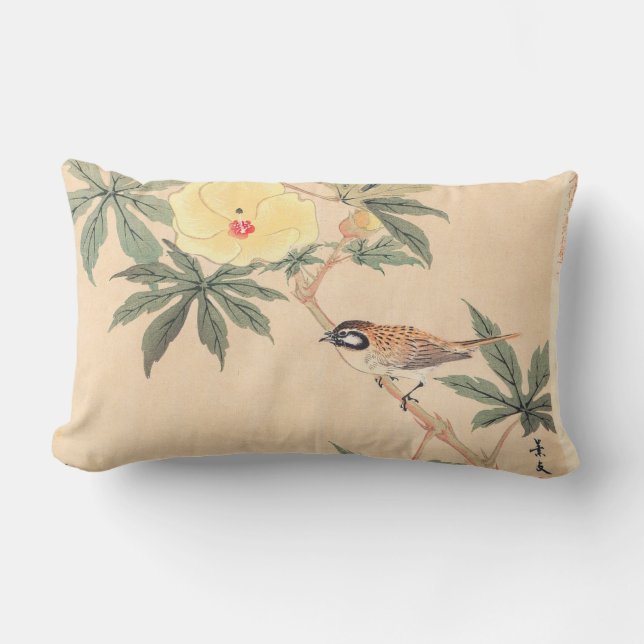 Sparrow and Hibiscus Keibun Matsumoto bird flowers Lumbar Pillow (Front)