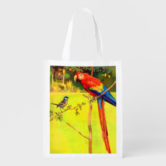 sparrow and parrot print grocery bag