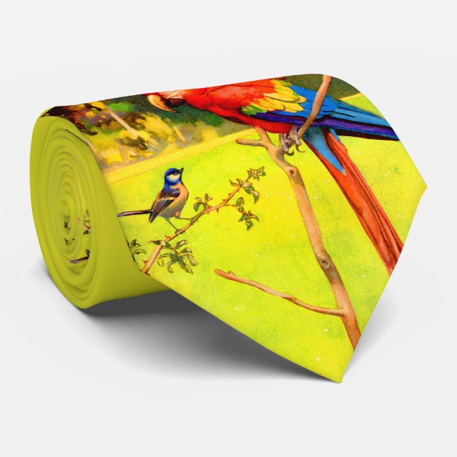 sparrow and parrot print neck tie (Rolled)