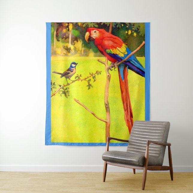 sparrow and parrot print tapestry (In Situ)