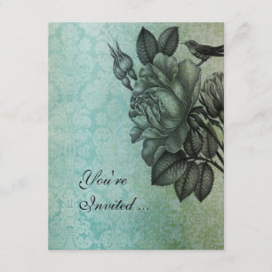 Sparrow and Rose Elegant Vintage Damask In Blue Invitation