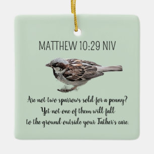 Sparrow Bird Cast Your Cares Bible Verse Green Ceramic Ornament