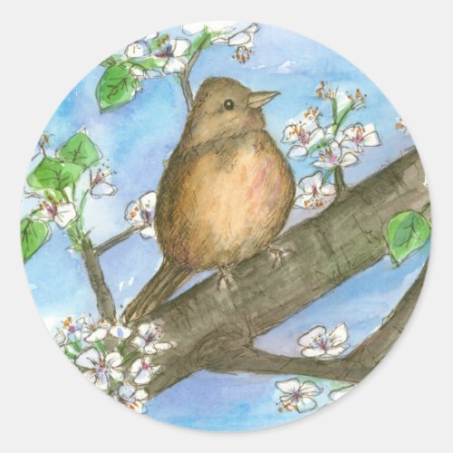Sparrow Bird Fruit Tree Watercolor Wildlife Art Classic Round Sticker